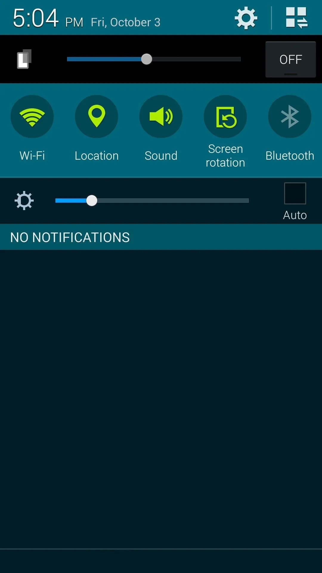 Mobile device notification panel showing settings options and no notifications.