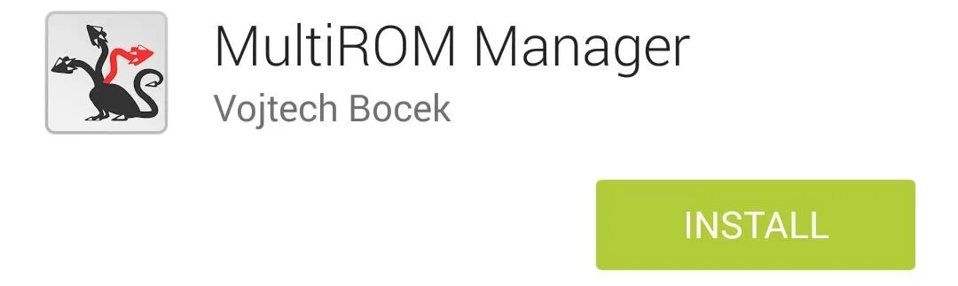 MultiROM Manager app by Vojtech Bocek with an install button.