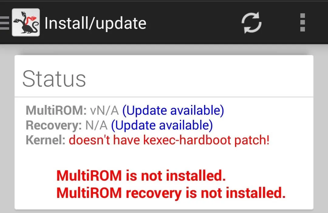 MultiROM installation status showing updates available and warnings for kernel and recovery.