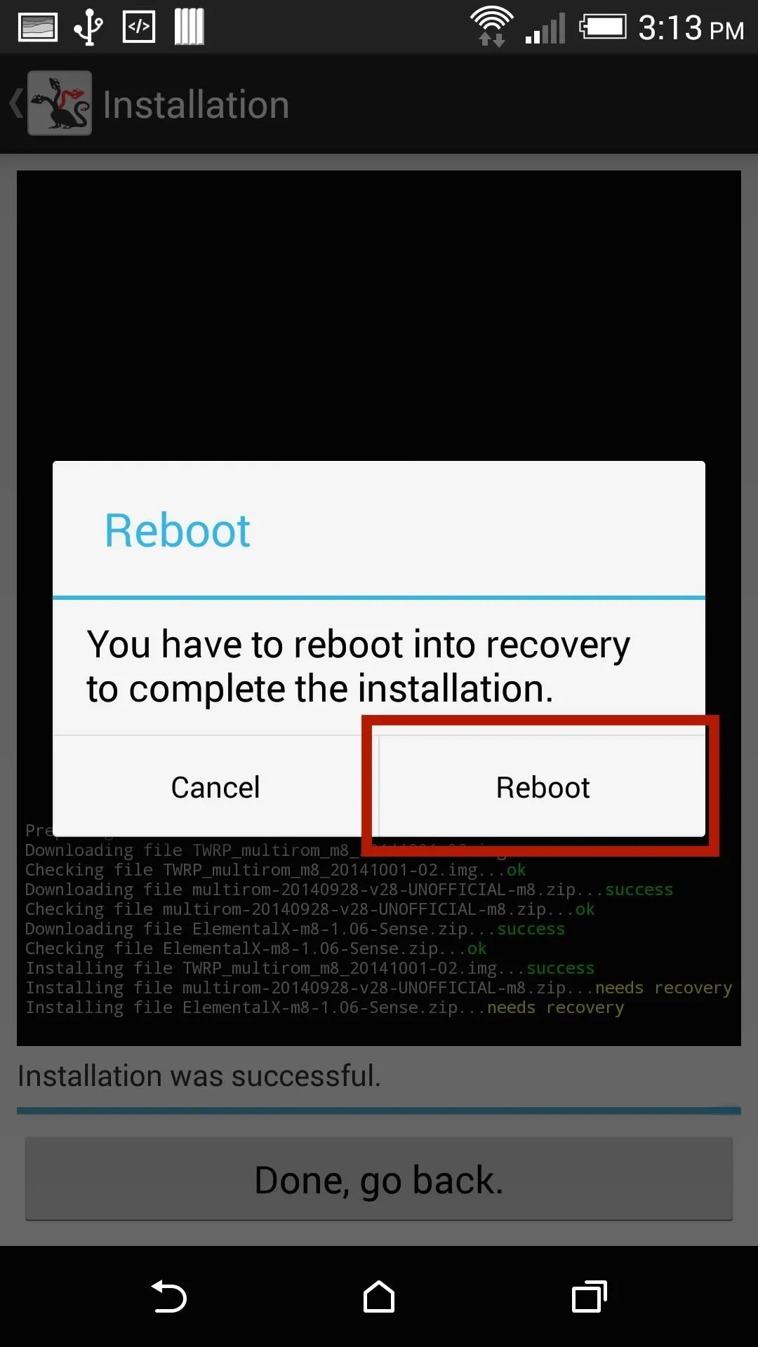 Reboot prompt for installation completion on Android device.