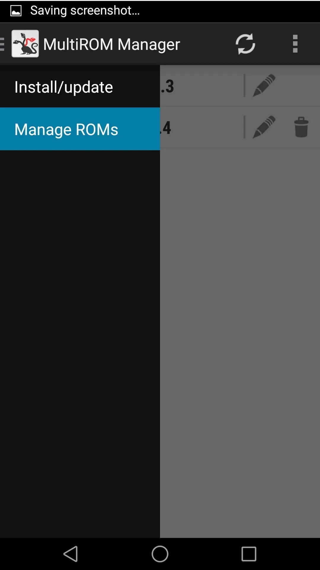 Screenshot of the Multi-ROM Manager application interface with options for installing and managing ROMs.