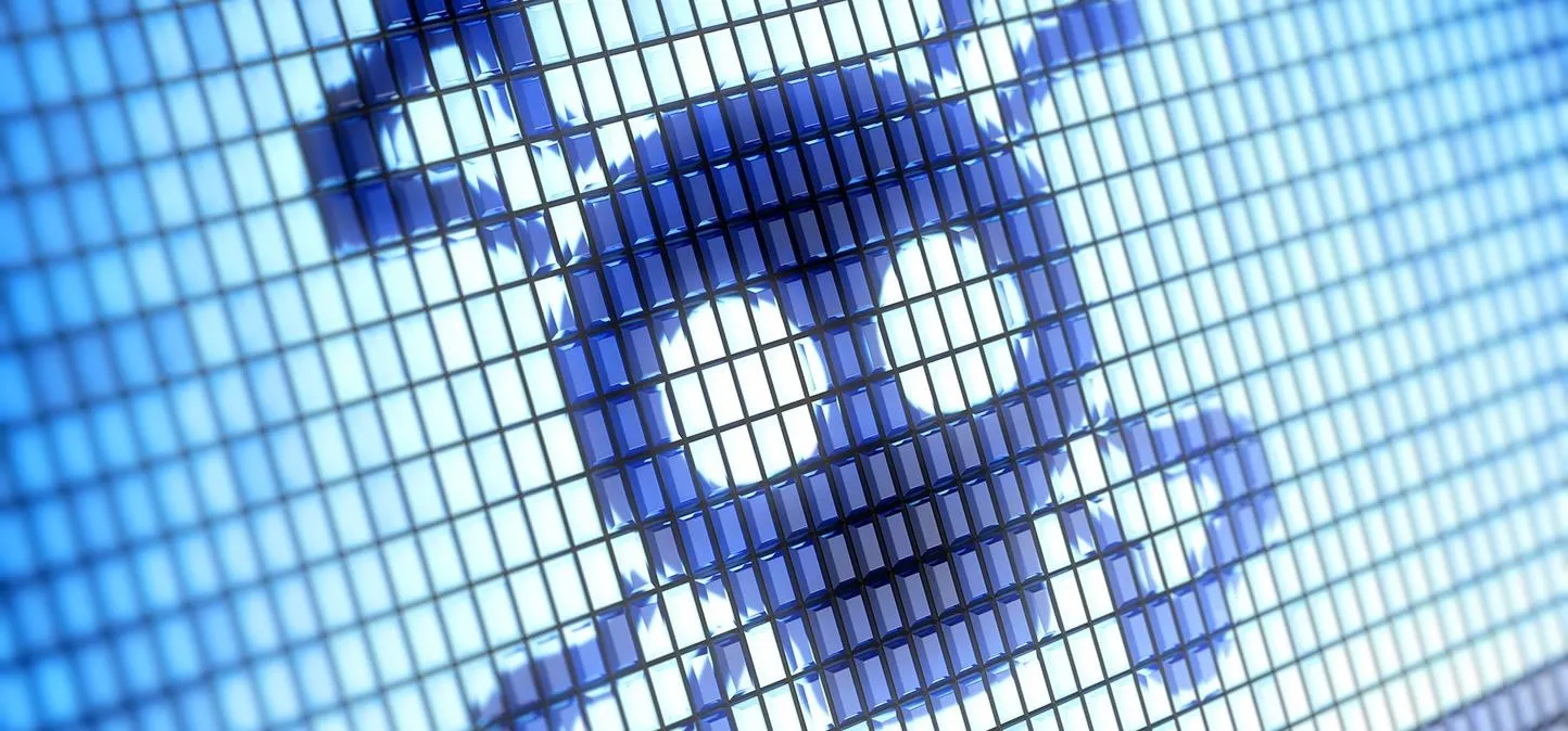 Digital illustration of a skull and crossbones symbol on a pixelated background.