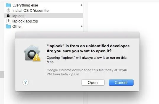 Warning message for opening a file from an unidentified developer on macOS.