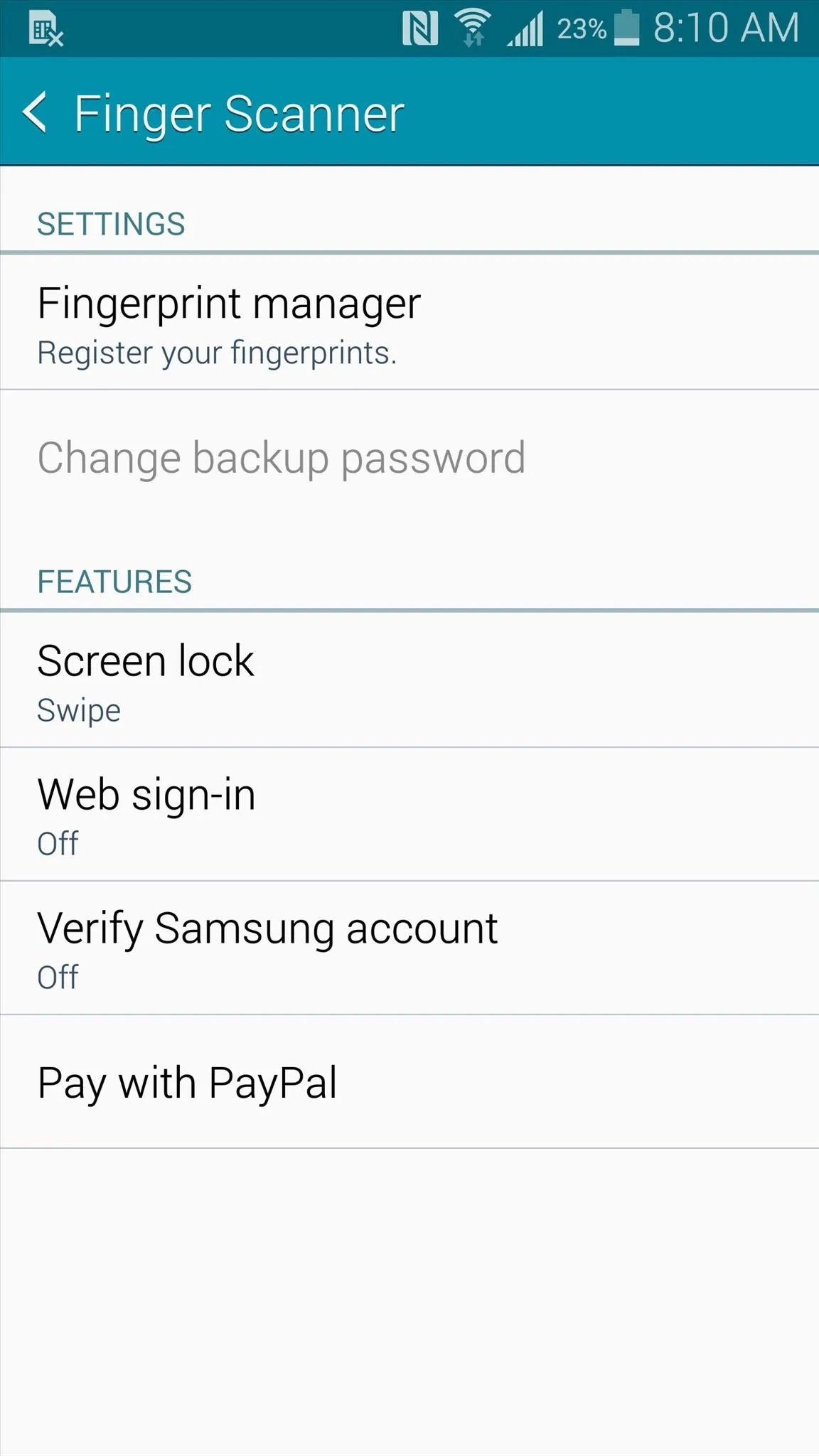 Finger scanner settings menu on a mobile device.