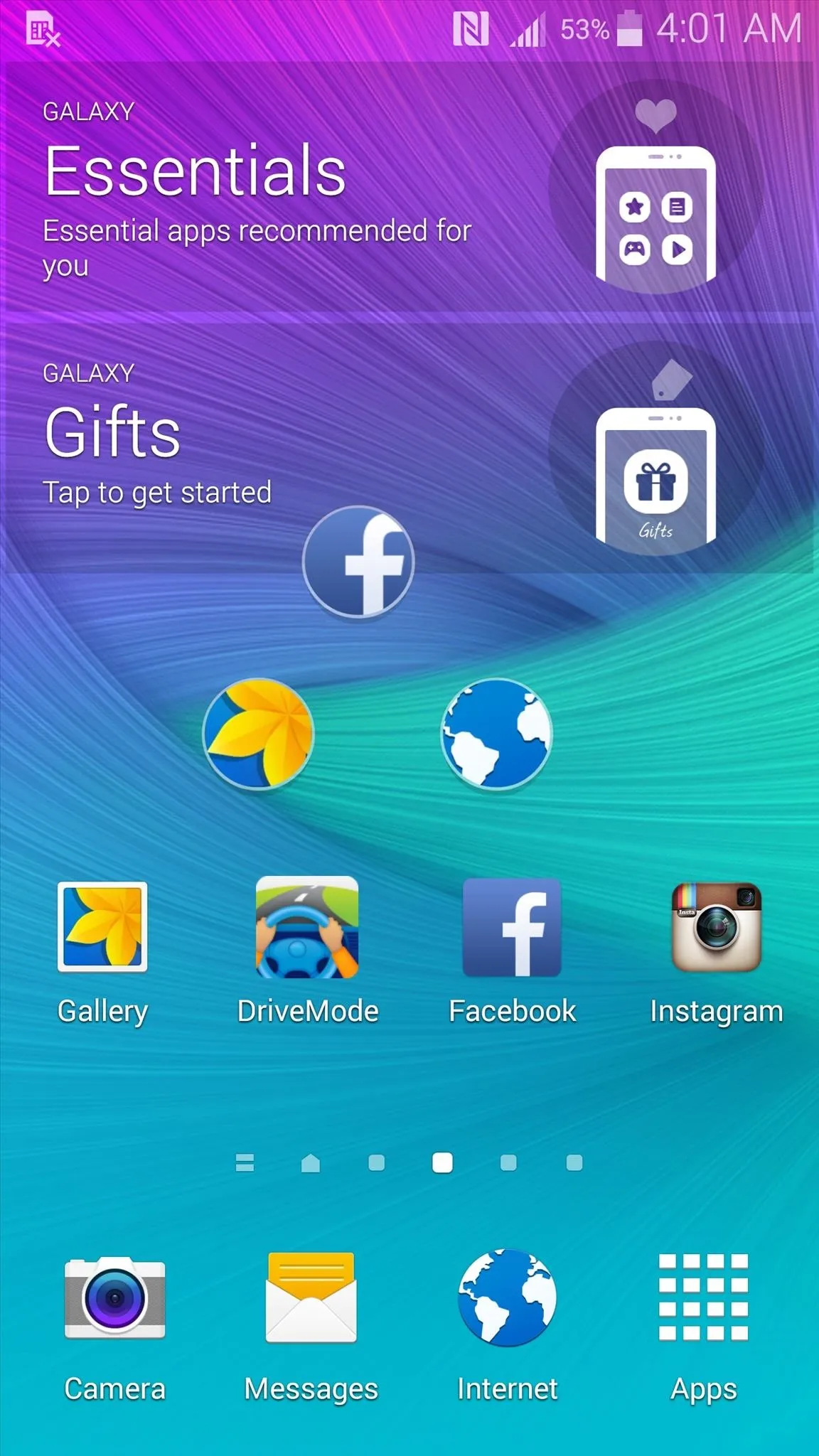 Smartphone home screen displaying app icons and widgets for essentials and gifts.