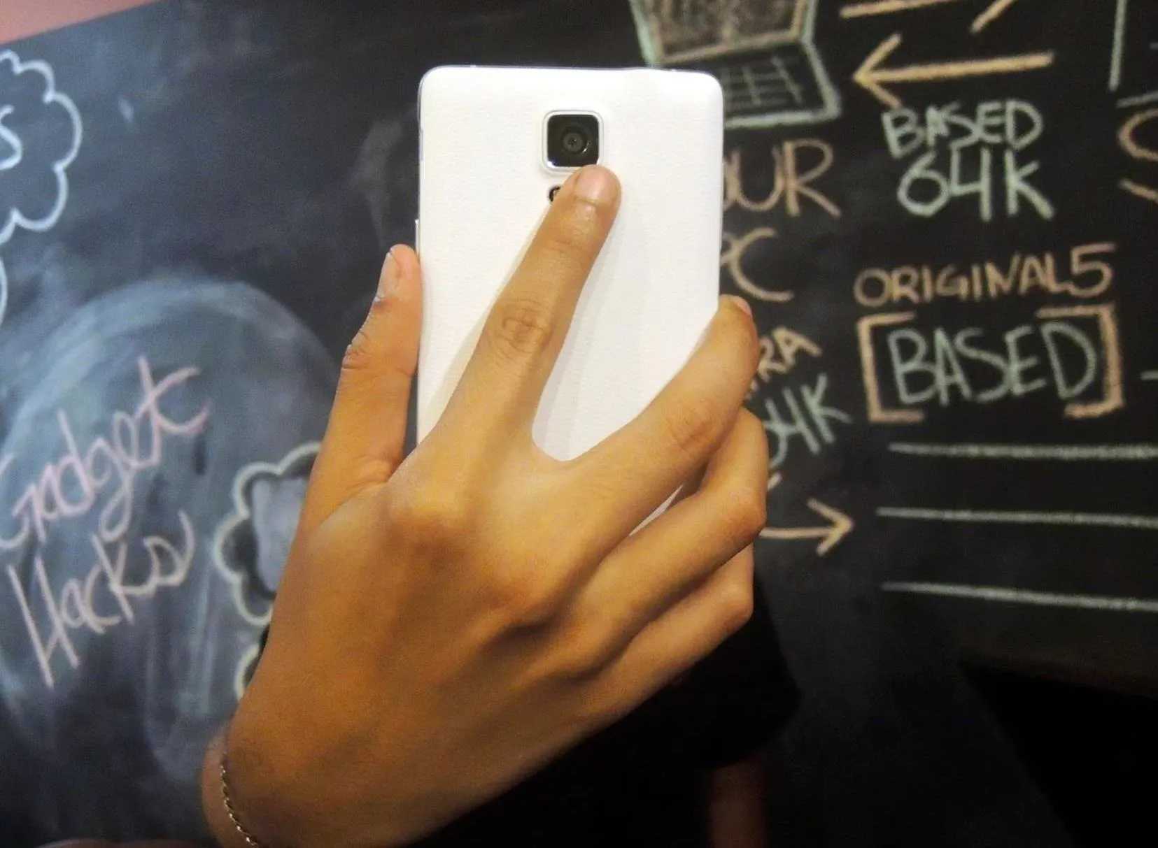 A person holding a smartphone in front of a chalkboard with various notes and diagrams.