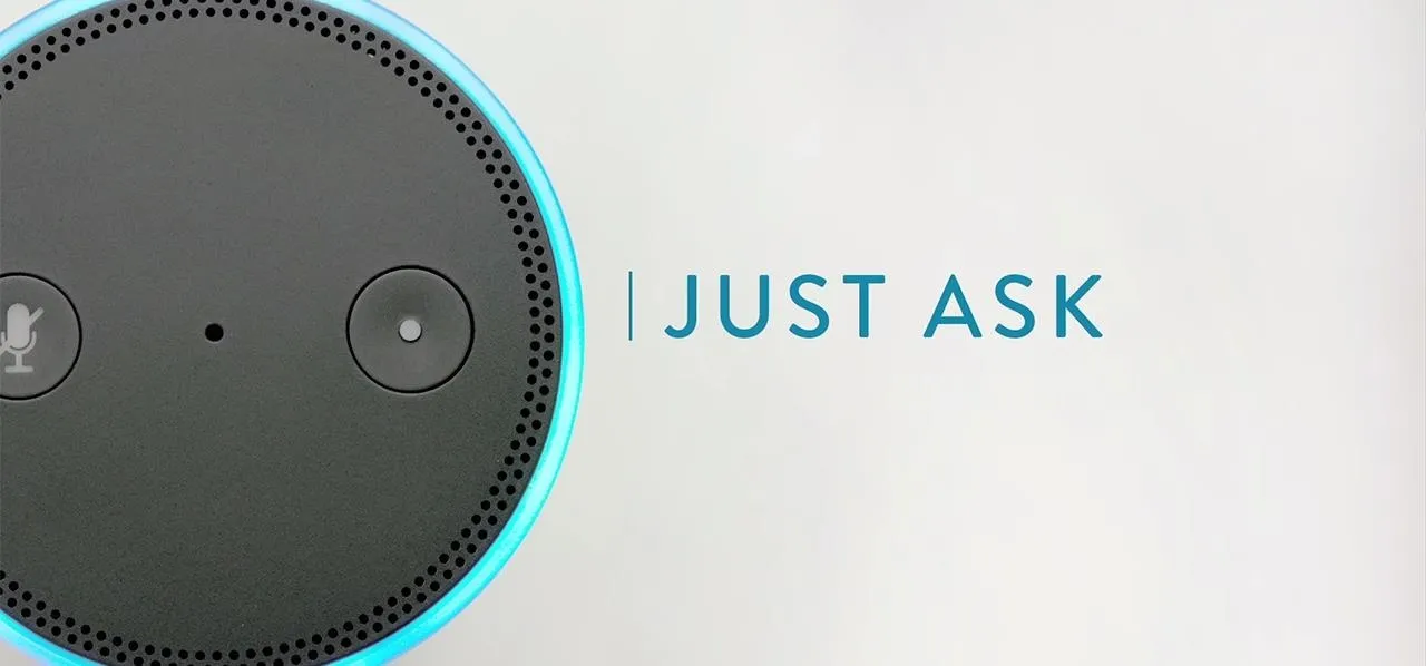 Smart speaker with a voice command interface and the text "I Just Ask."