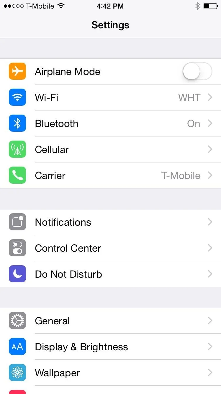 Mobile device settings menu displaying options for Airplane Mode, Wi-Fi, Bluetooth, Cellular, Camera, and more.