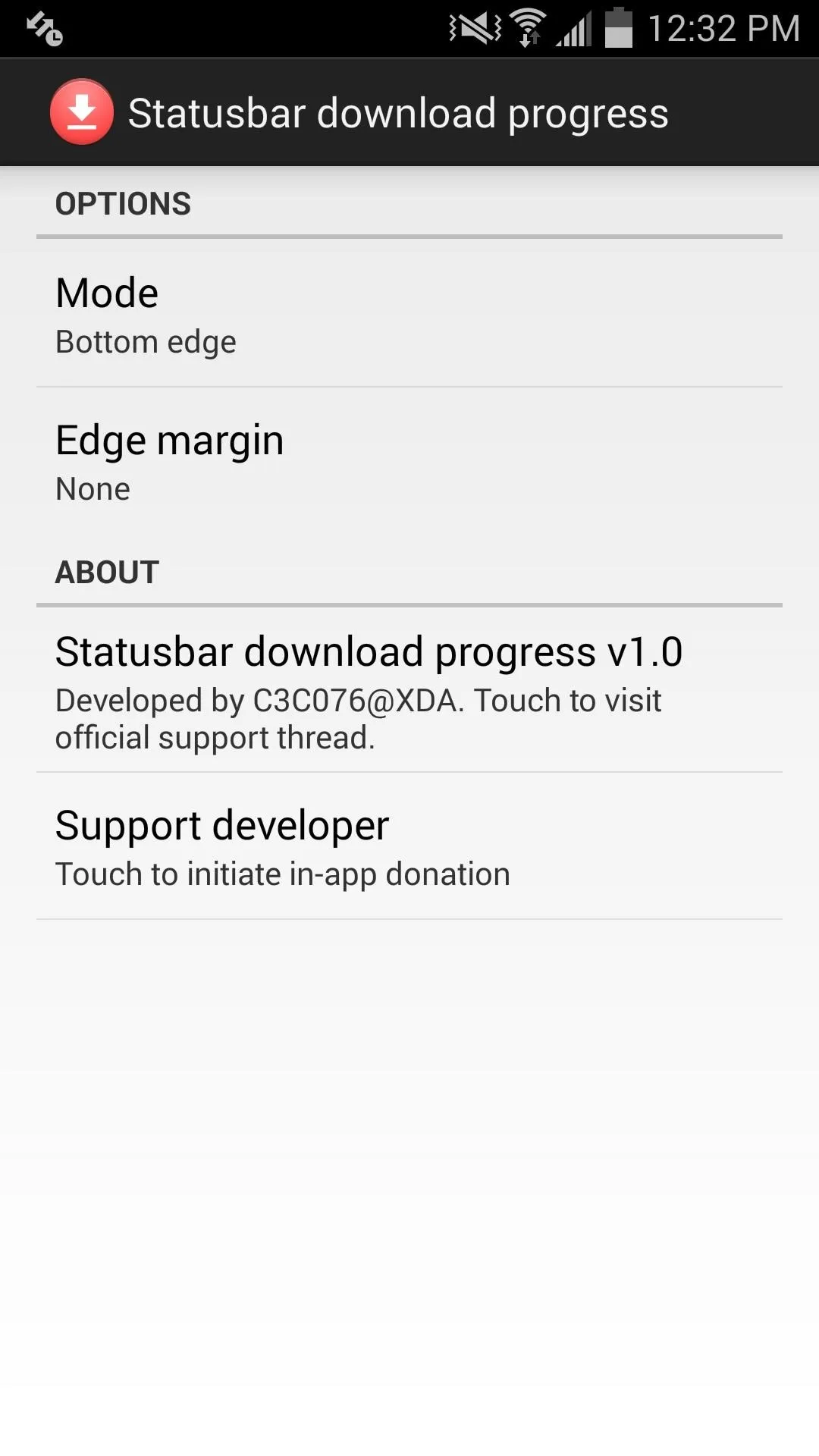 Screenshot of a mobile application's download progress screen with options for margin settings and support information.