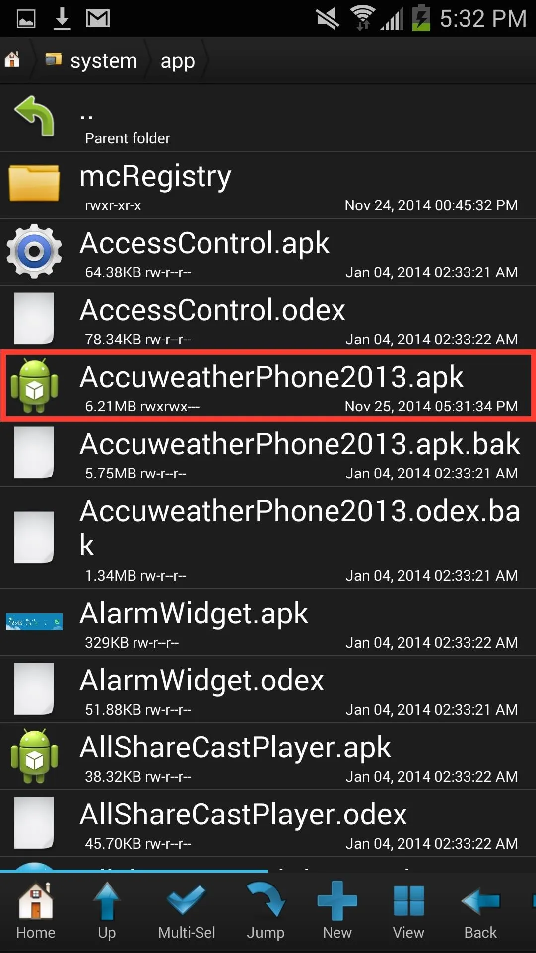 App file listing on an Android device displaying "AccounterThePhone2113.apk" highlighted in red.