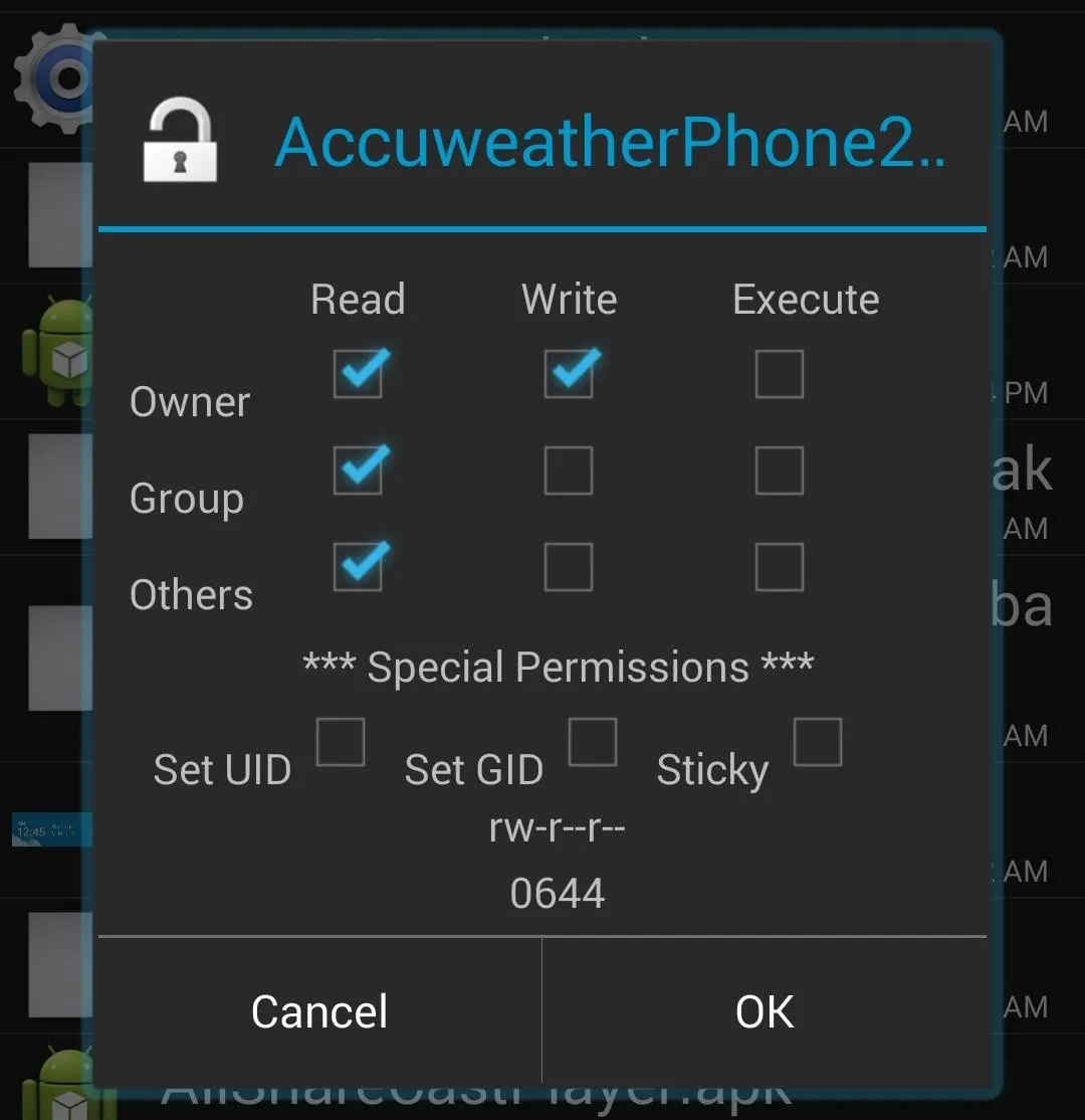 File permissions settings interface for AccuWeather app.