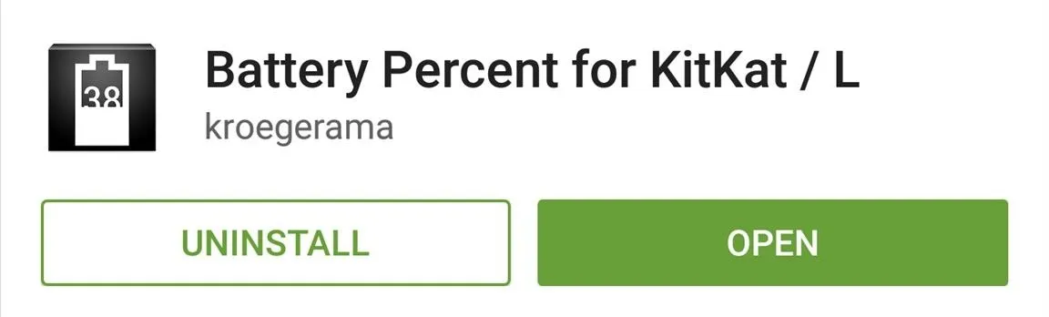 Battery percentage app interface with options to uninstall or open.