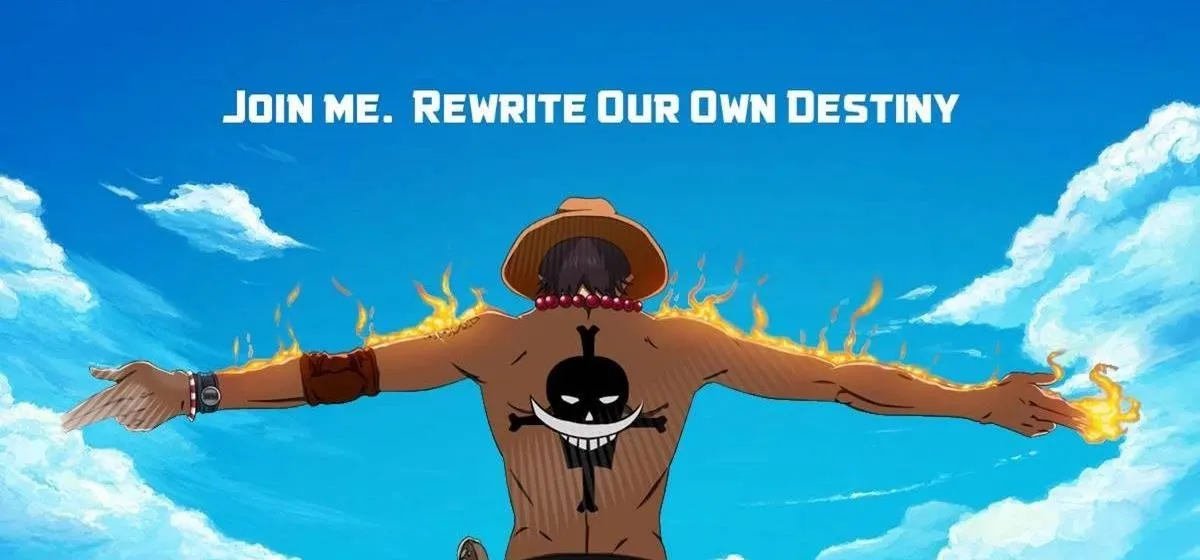 A character with arms outstretched against a blue sky, featuring a tattoo and a message about rewriting destiny.