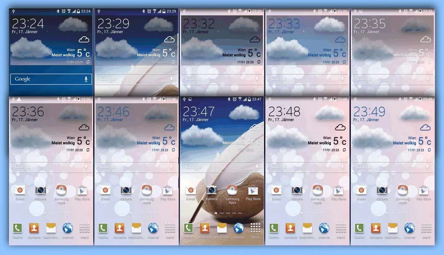 Smartphone screen displays showcasing various weather applications and interfaces.