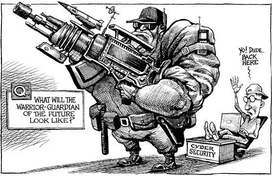 Cartoon depicting a muscular soldier holding a large weapon, questioning the future of security, with a smaller figure sitting at a desk labeled "Cyber Security."