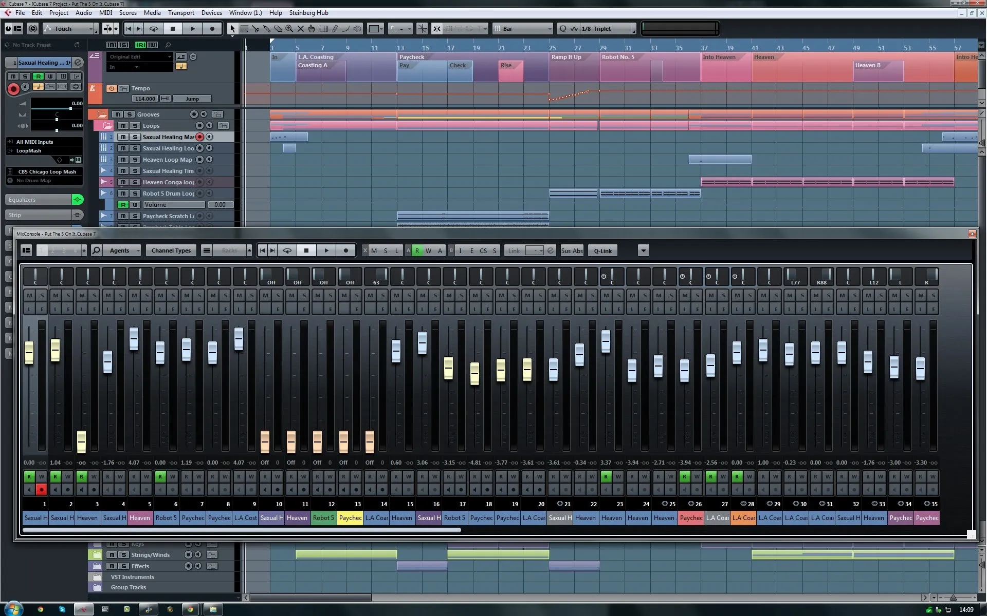 Digital audio workstation interface displaying a music mixing session.