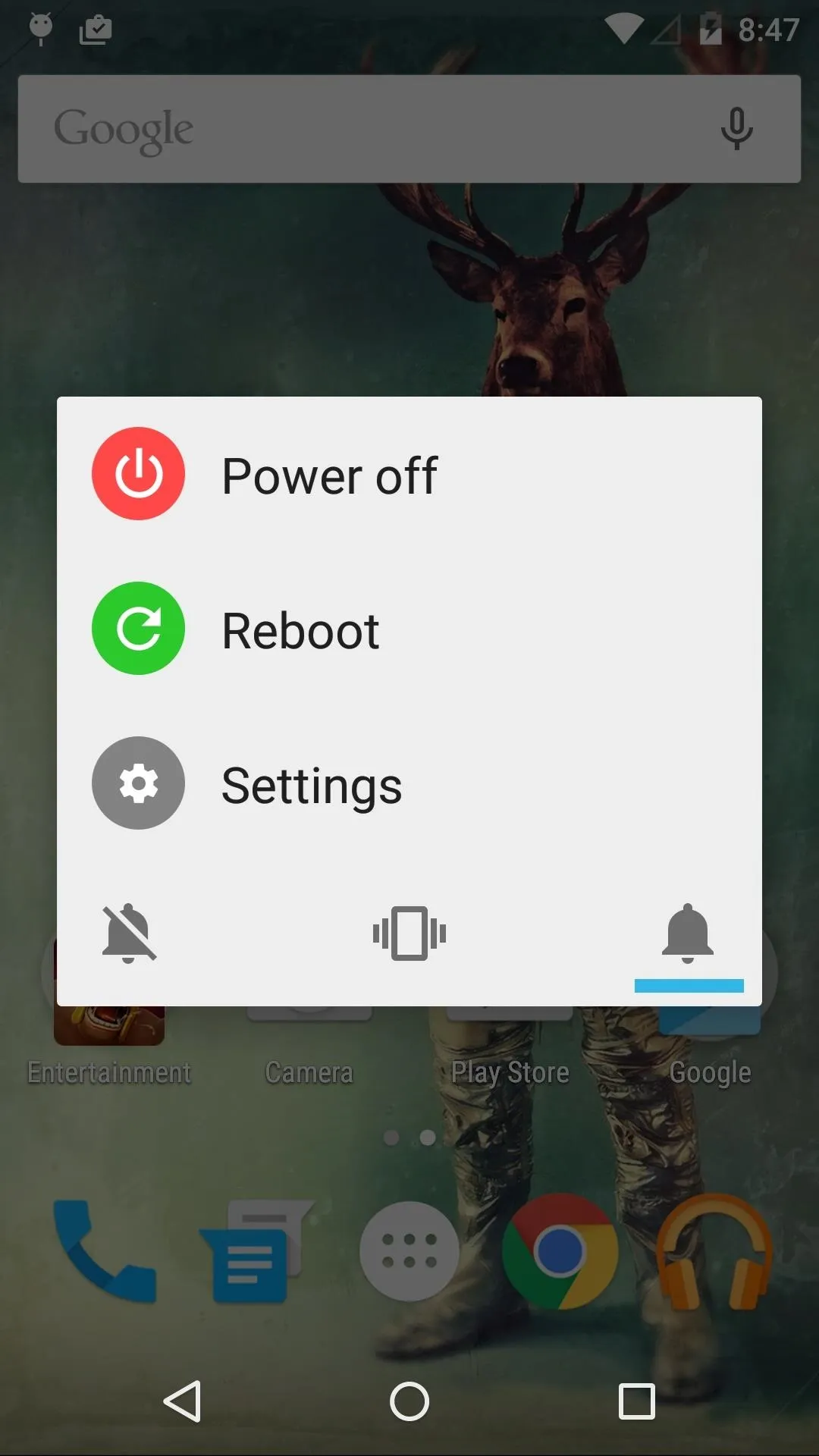 Power options menu on a smartphone showing options to power off, reboot, and access settings.