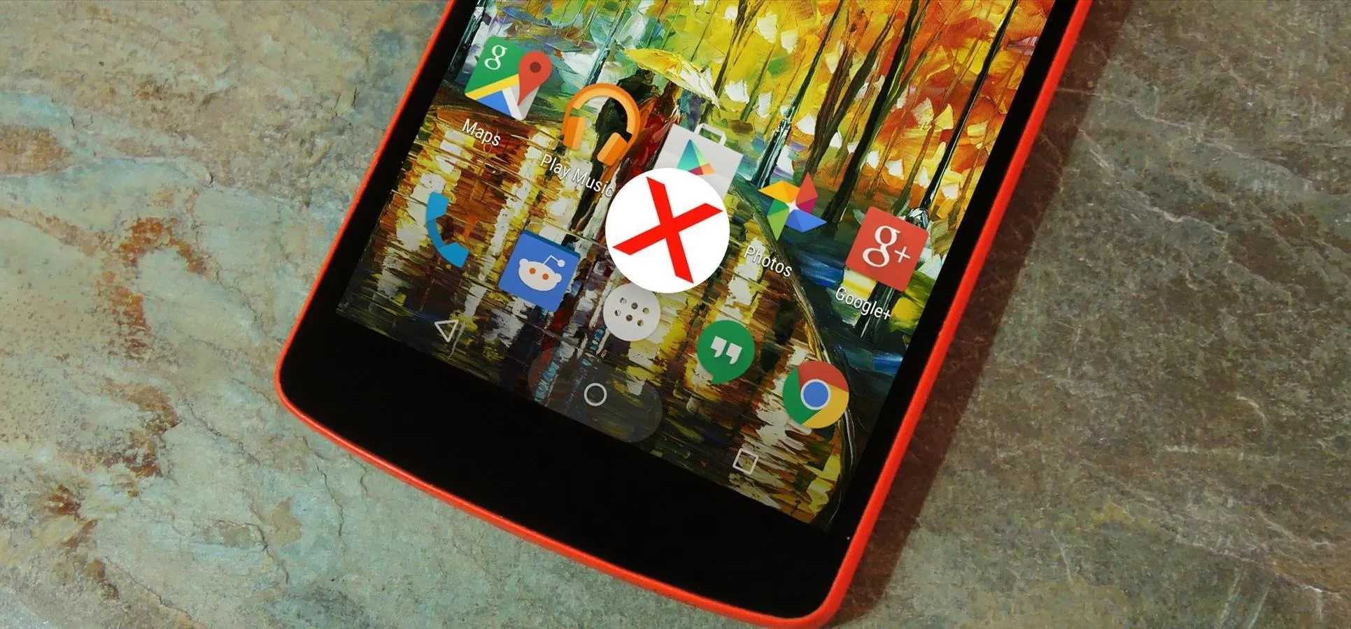 Smartphone displaying app icons on a wooden surface.