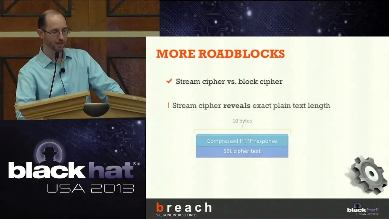 Presentation slide discussing roadblocks in cybersecurity, with bullet points on gray and black hat strategies.