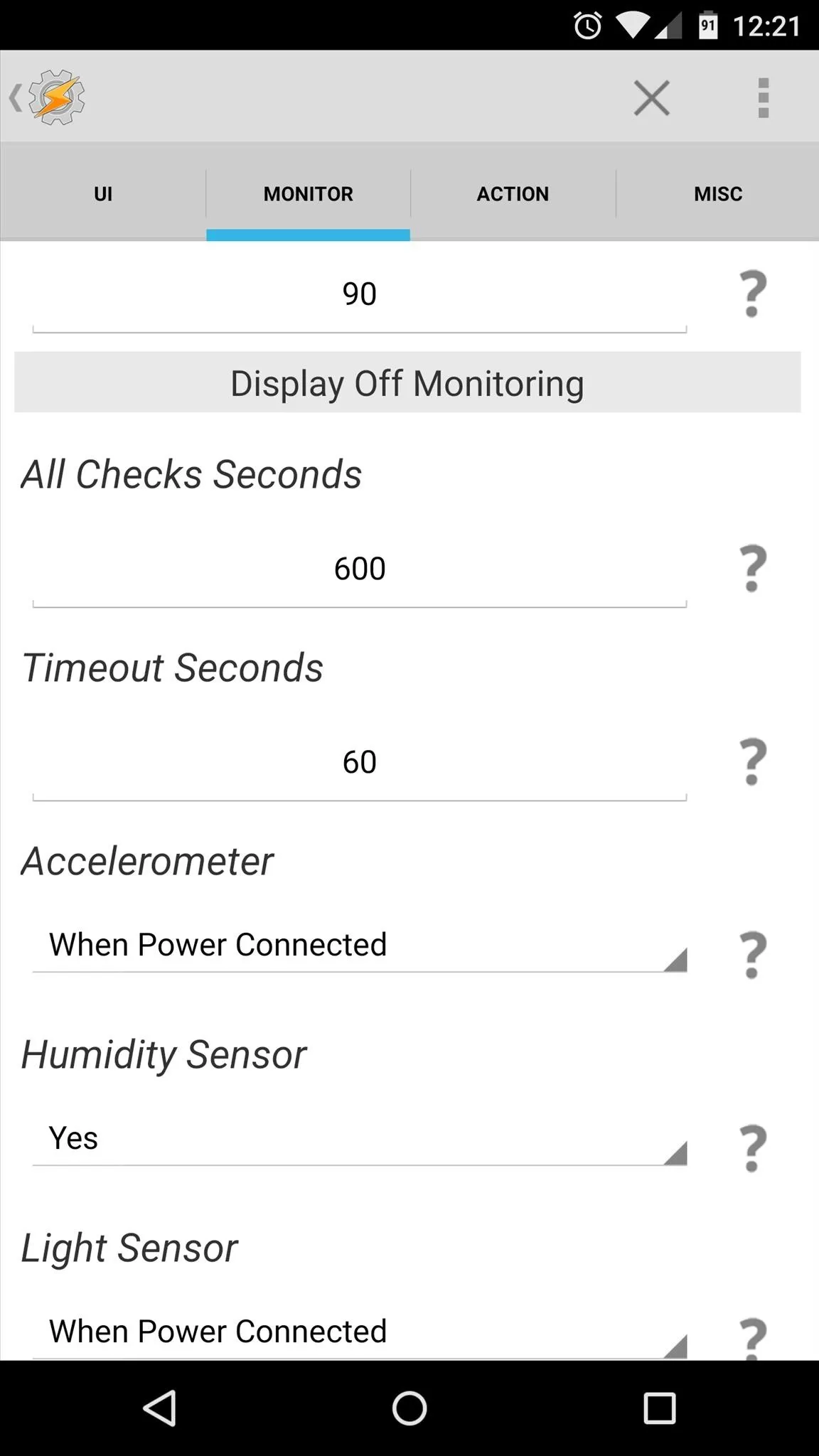 Settings menu displaying various sensor options and connection statuses.