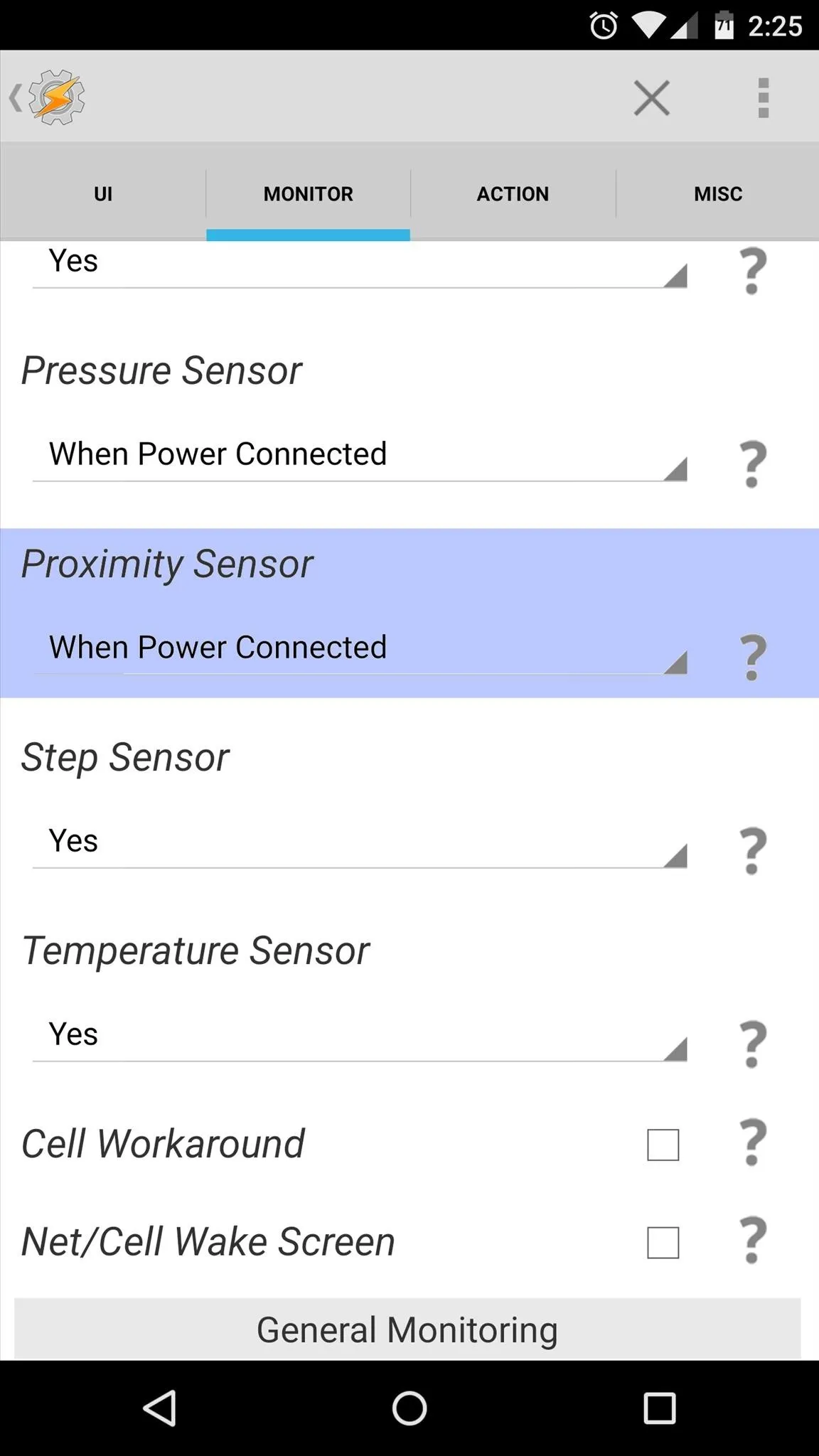 Settings menu for device sensors, including options for proximity, step, and temperature sensors.