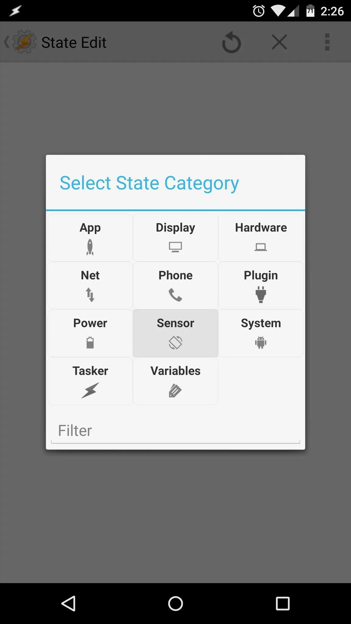 Select State Category options including Mail, Phone, Person, Ticket, Sensor, Service, and Plugins.