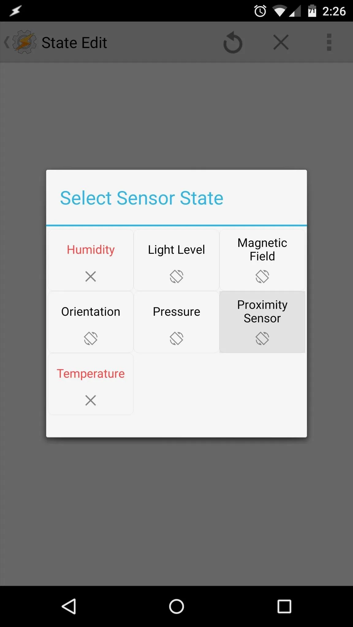Sensor status selection interface displaying options for migration path, direction, and position.