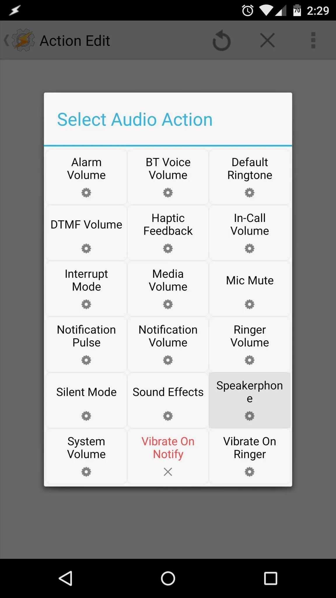 Audio action selection menu in an app.