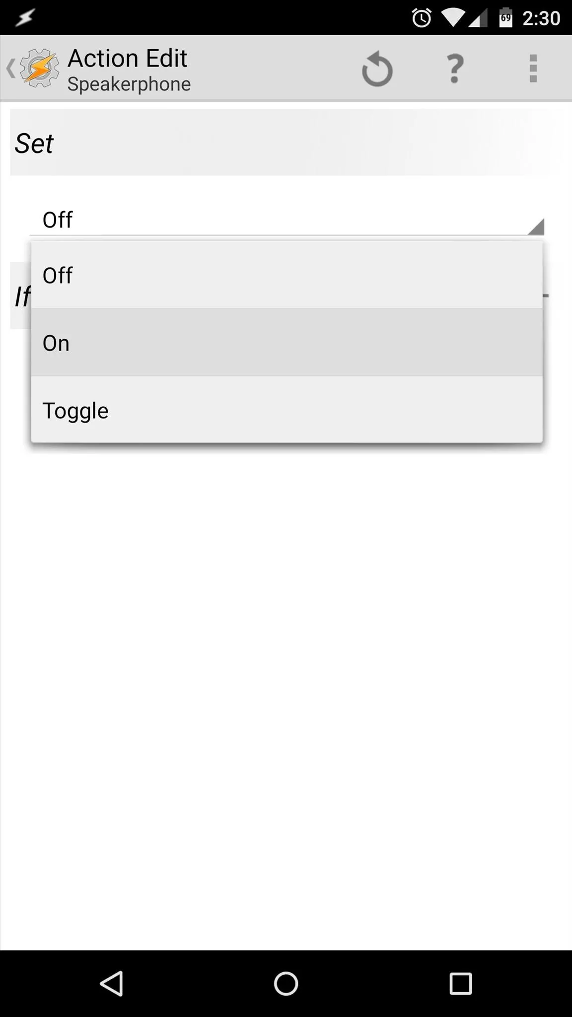 Dropdown menu with options: On, Off, Toggle.
