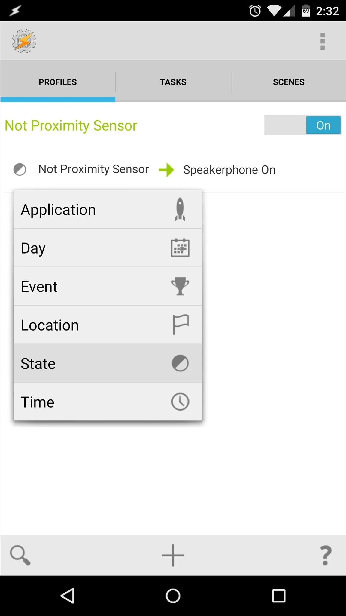 Application settings menu with options for day, event, location, state, and time.