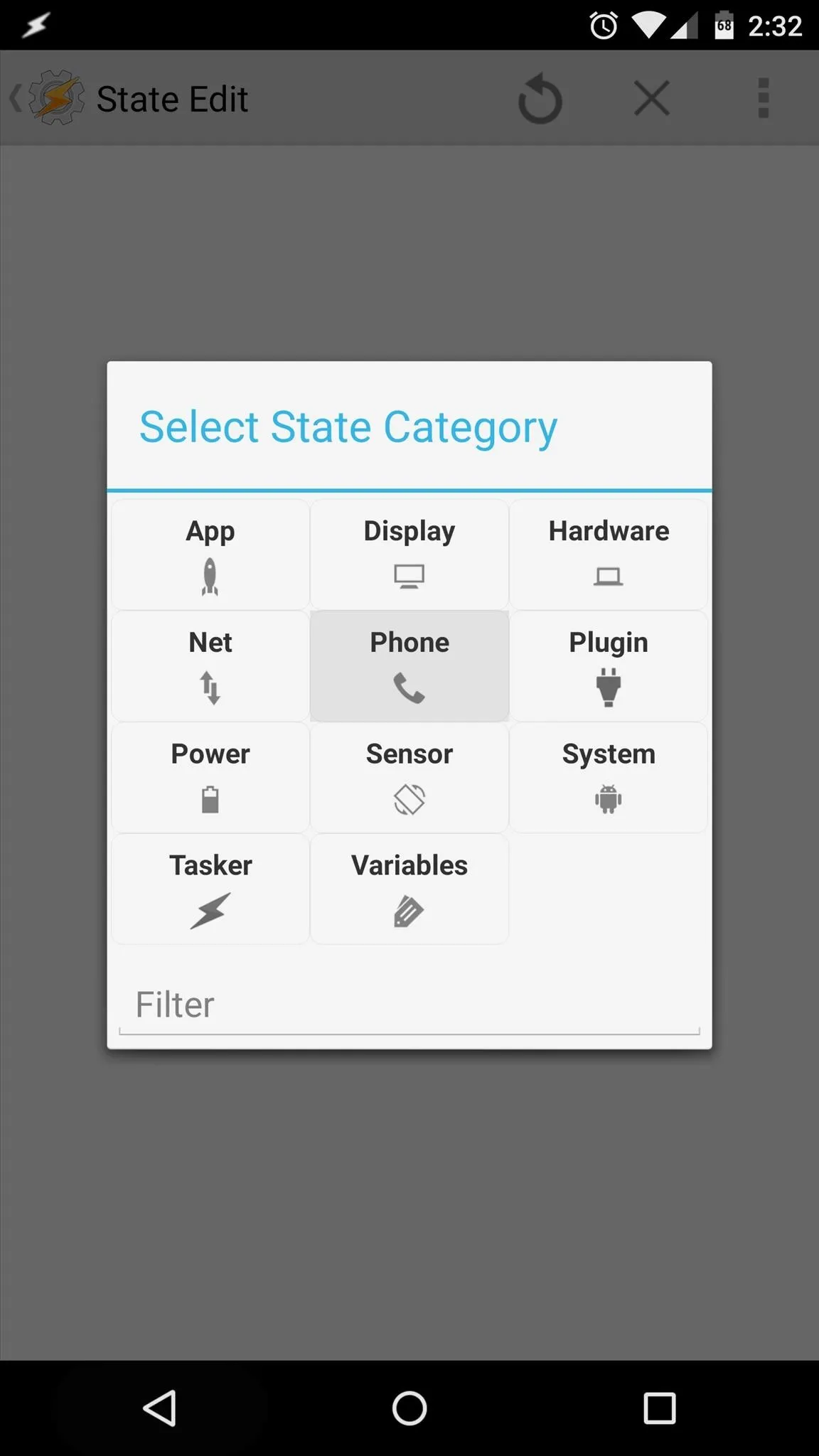 Select State Category options on a mobile interface.