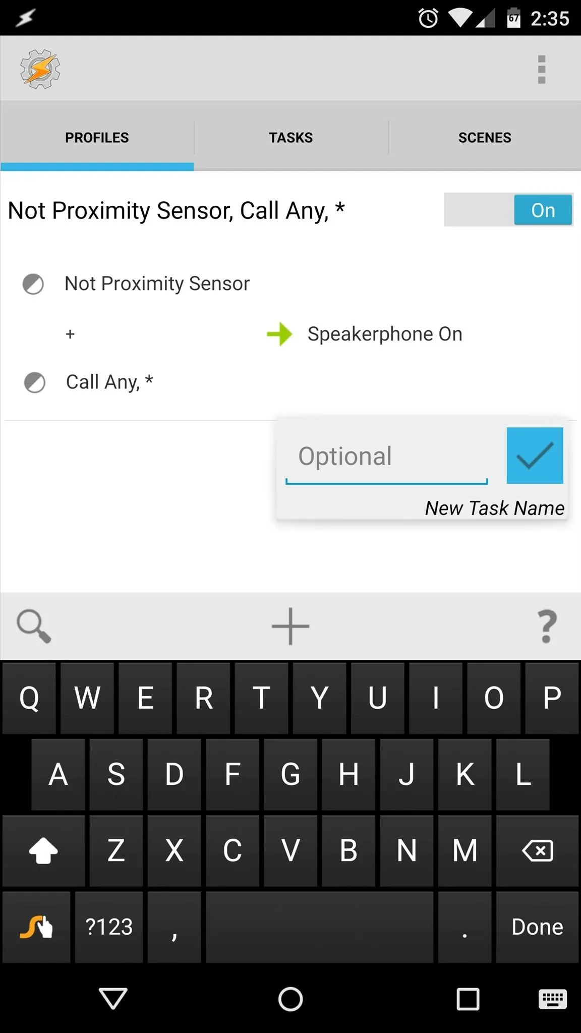 Settings menu for a mobile phone application with options for proximity sensor and call settings.