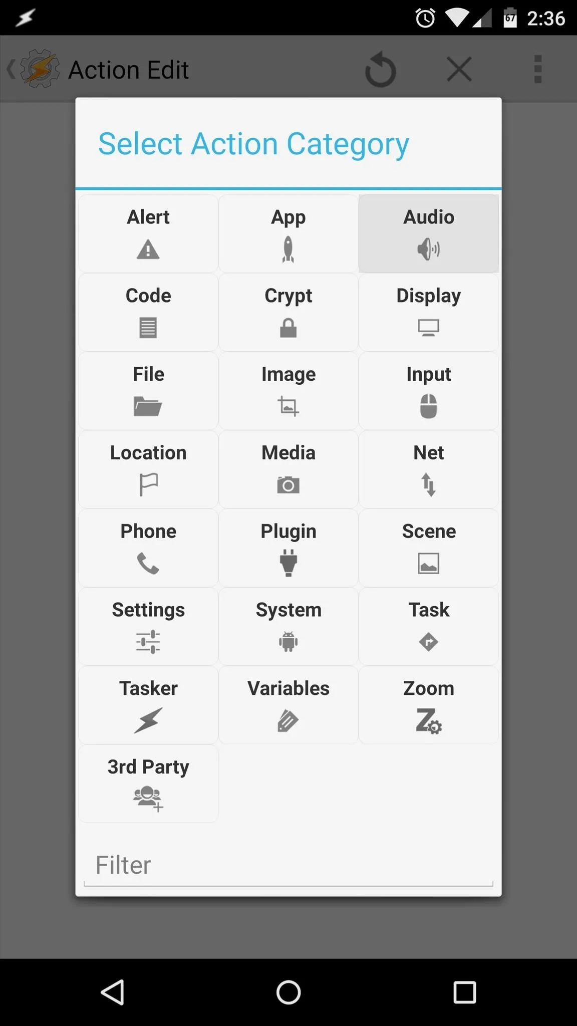 Alternative text for the image: "User interface for selecting action categories, including options like audio, video, and location."