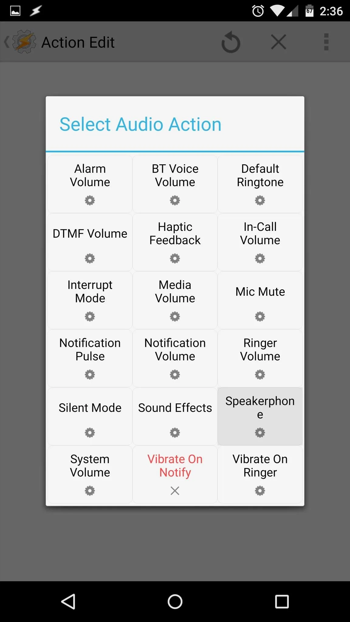 Select audio action options on a mobile app interface.