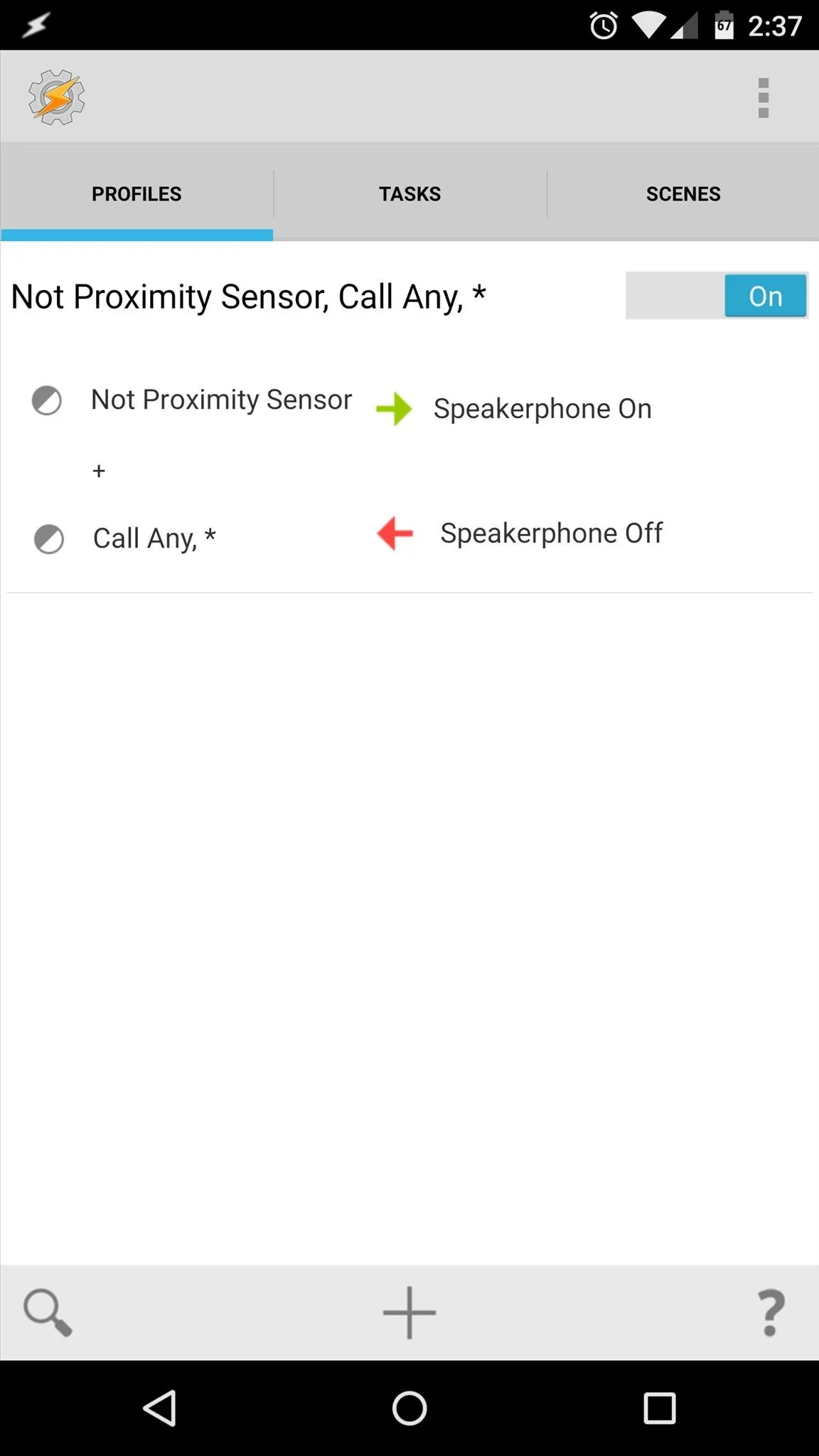 Settings menu for proximity sensor and call options on a mobile device.