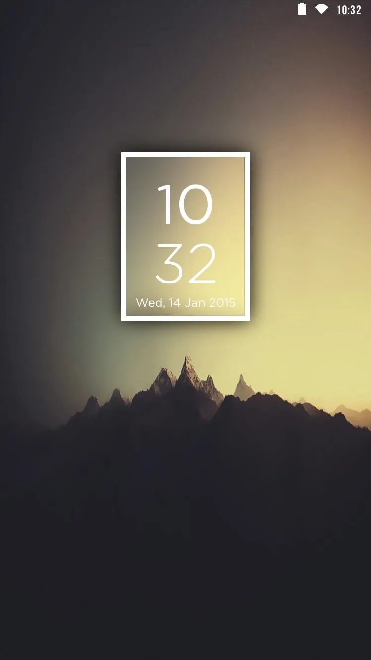 Digital clock display with a mountain silhouette background.