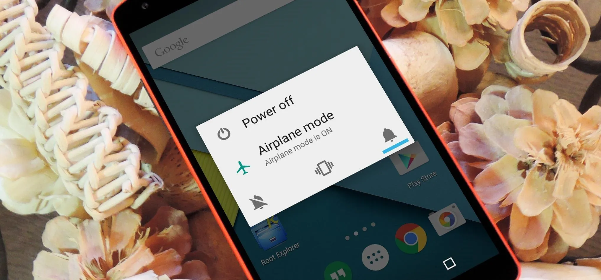 Smartphone screen displaying power and airplane mode options on a floral background.