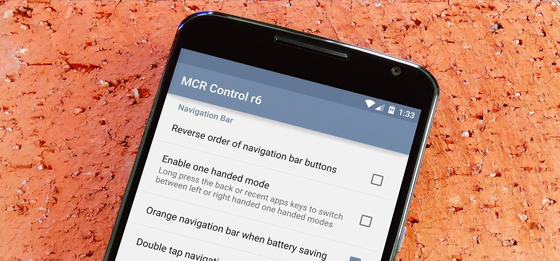 Mobile device screen displaying settings for "MCR Control" with options for UI customization.