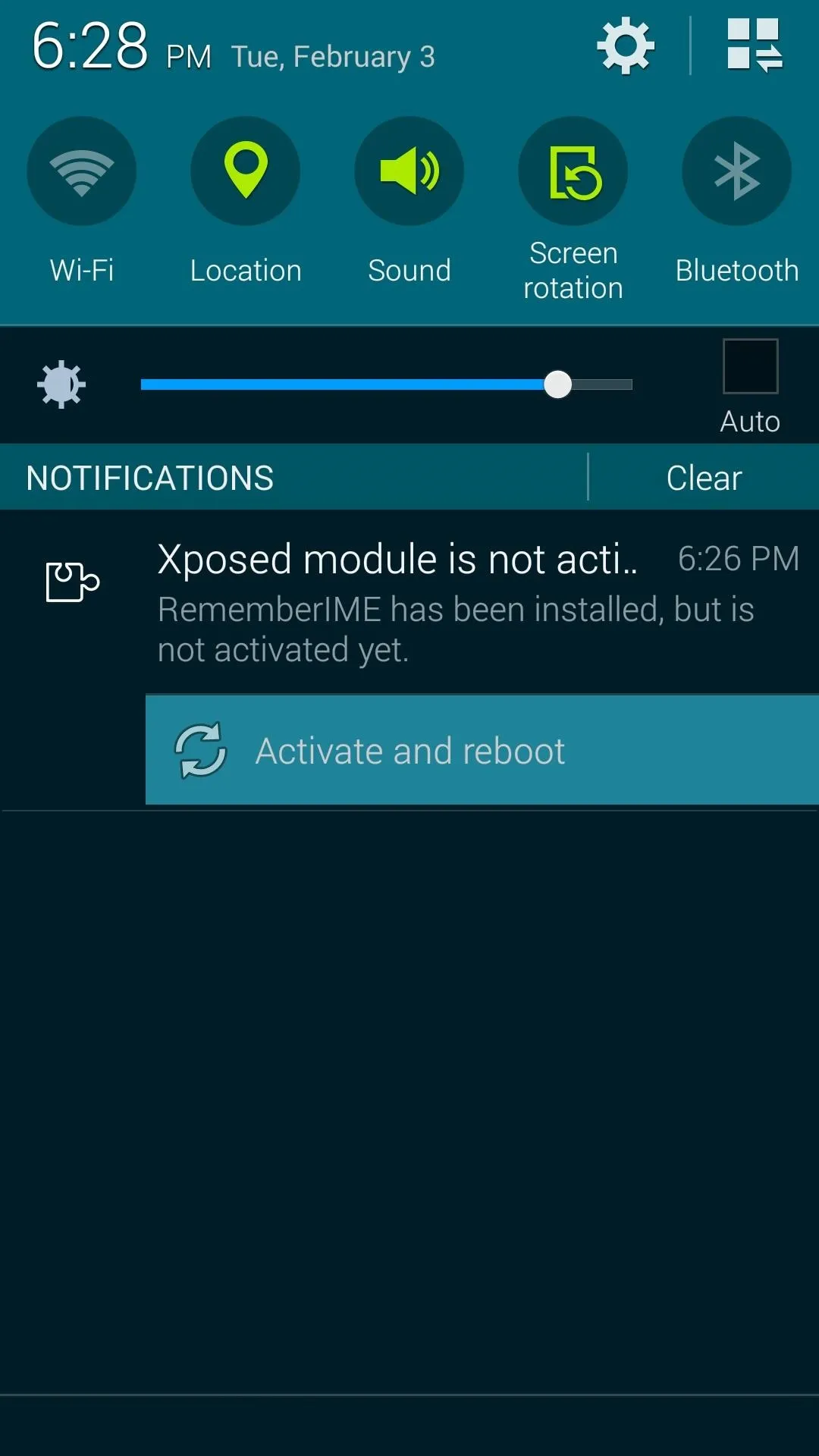 Notification panel displaying Wi-Fi and battery status with a warning about a "Kerosene module" error.