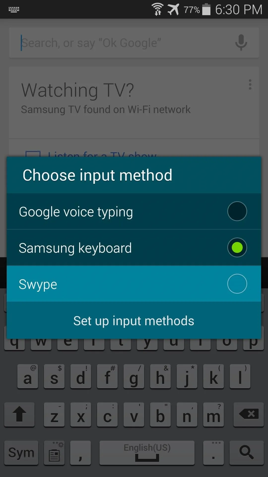 Input method selection screen on a smartphone with options for Google voice typing and Samsung keyboard.