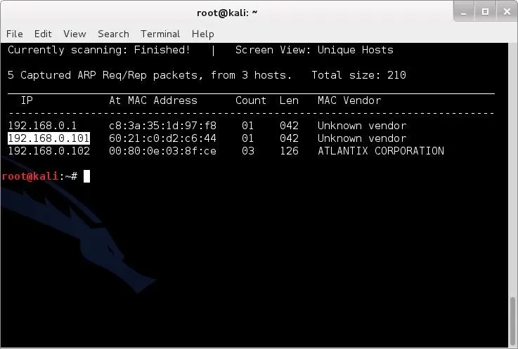 Network packet capture showing unique hosts and their MAC addresses.