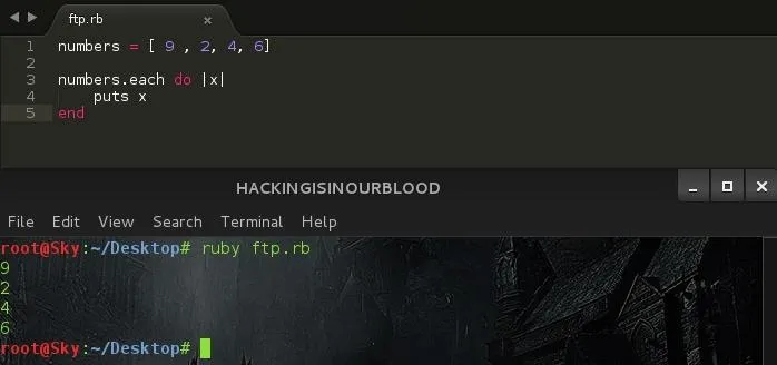 Code snippet showing Ruby programming for iterating over numbers.