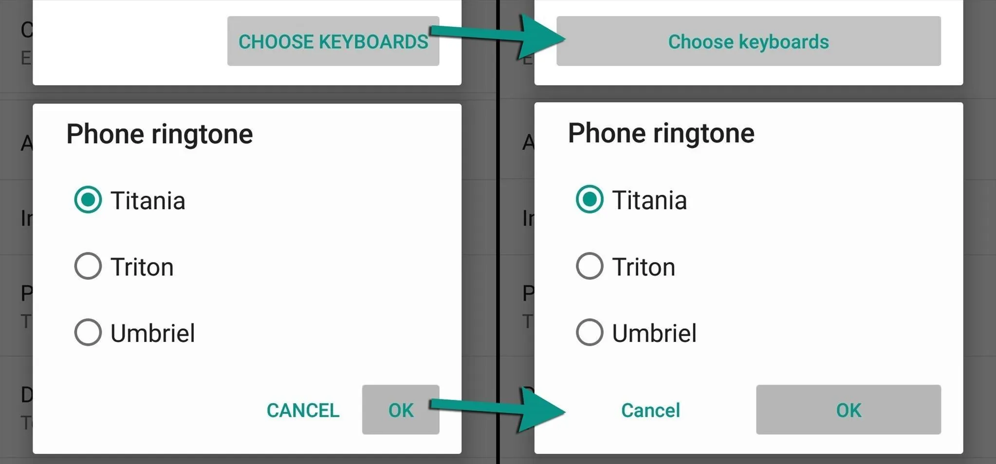 Settings menu with options for choosing keyboards and phone ringtones.