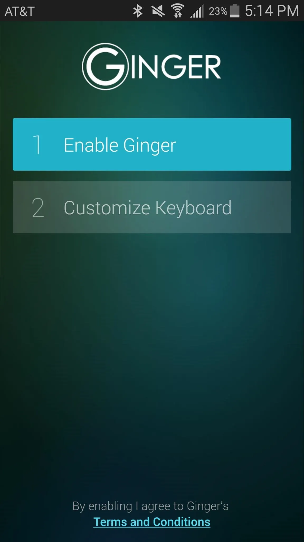 Ginger app settings screen with options to enable the keyboard and customize it.