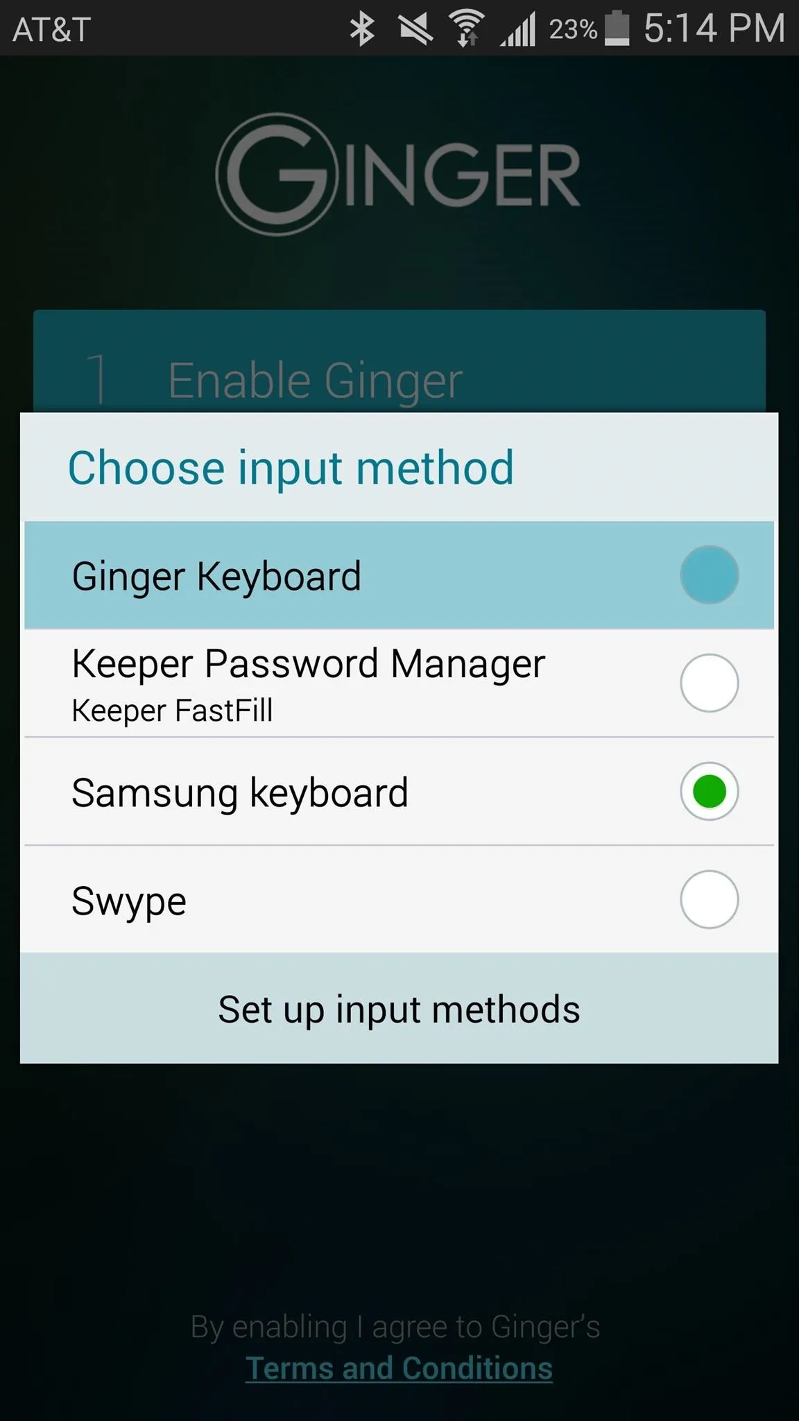 Screenshot of keyboard input method selection on a mobile device.