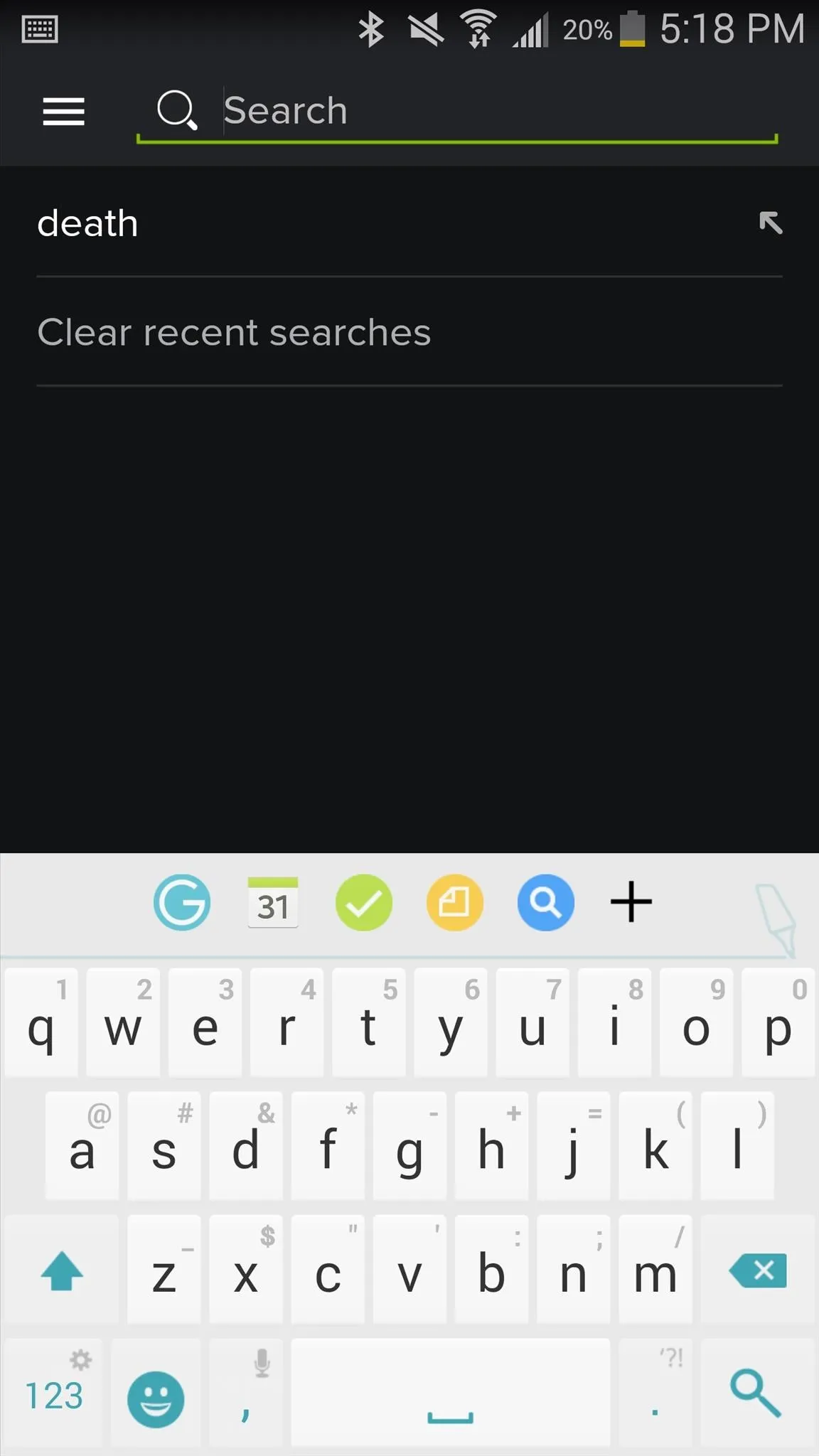 Search interface showing the word "death" with a mobile keyboard.