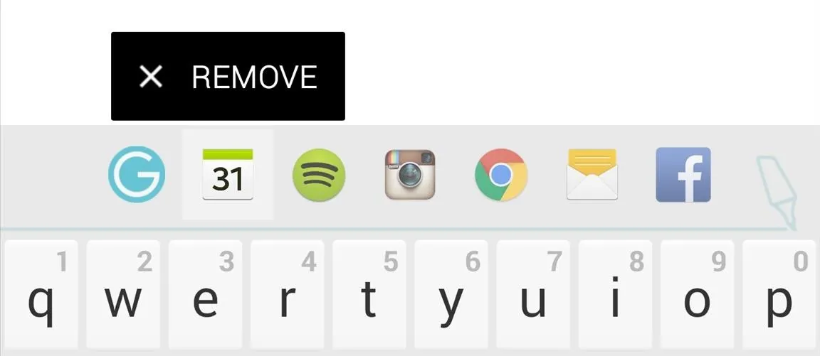App interface displaying a keyboard with app icons and a remove button.