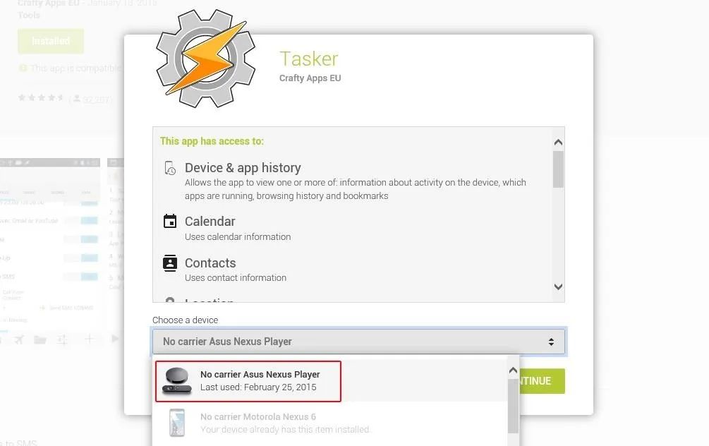 Settings page for an application with device and app history options, highlighting a user account for a web resource.