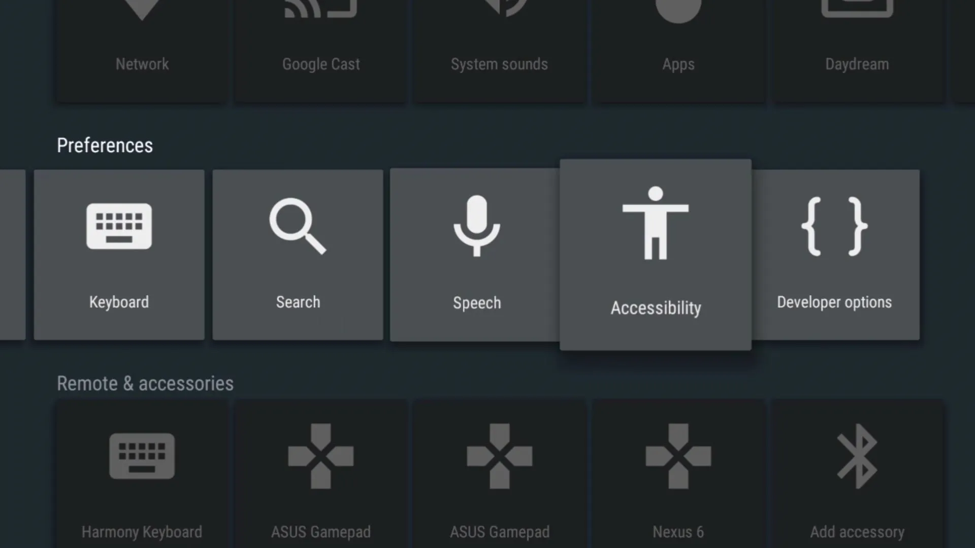 Accessibility menu options in a settings interface.