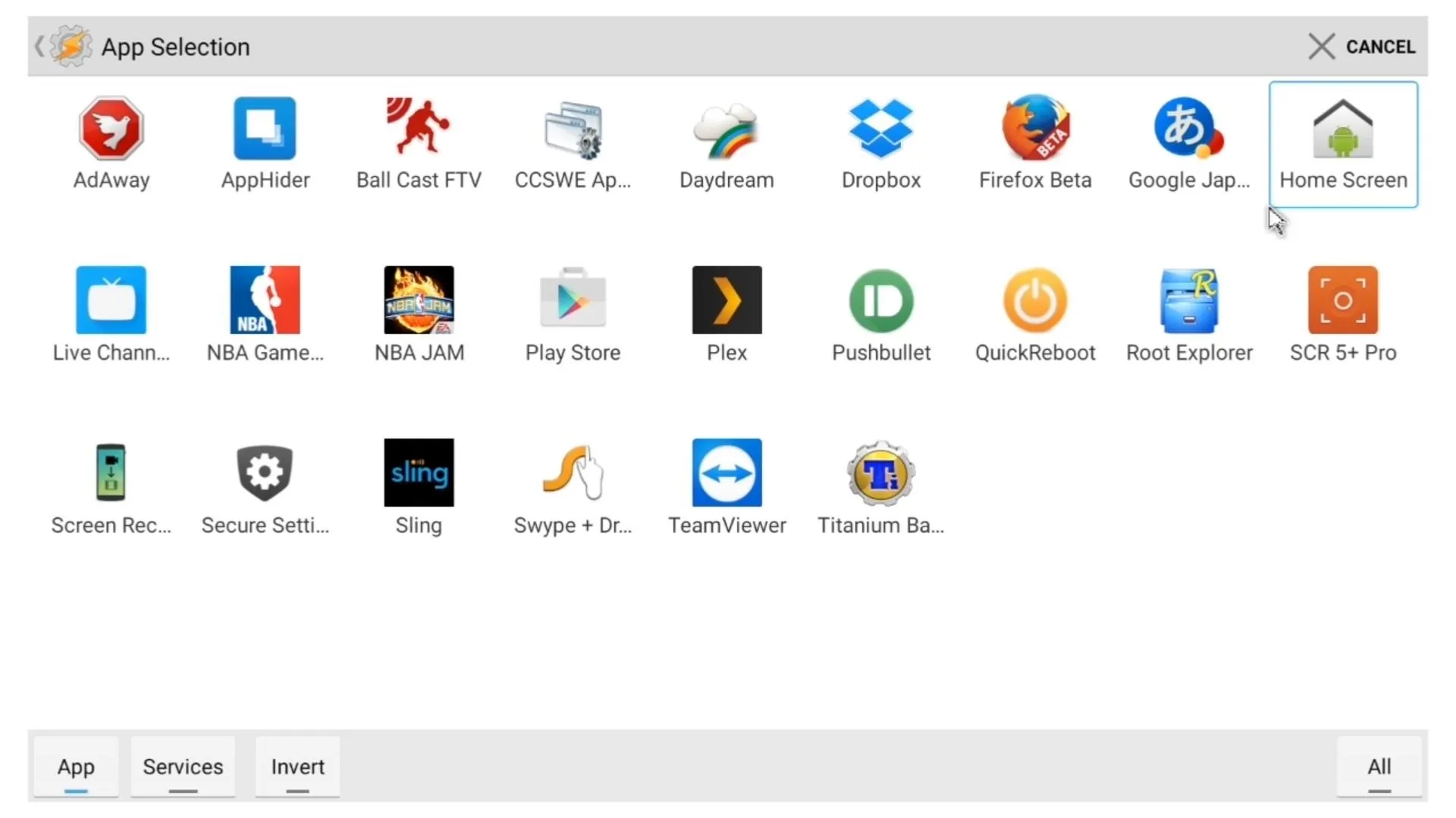 Application selection interface with various app icons displayed.